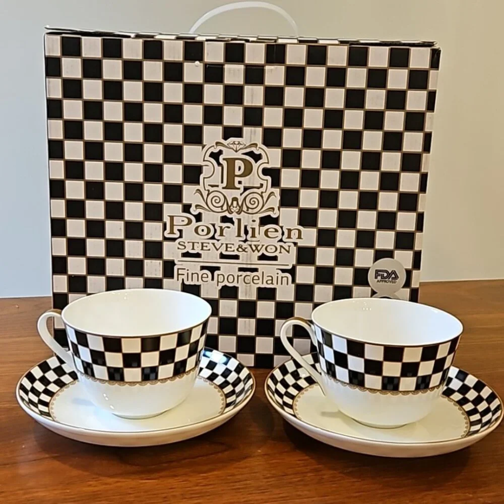 Porlien Checker Big Cup & Saucer Set/NEW IN ORIGINAL BOX/NEVER USED!
